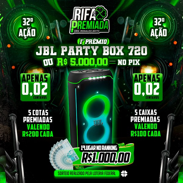32ª AÇÃO JBL PARTY BOX 720 OU 5K NO PIX 
